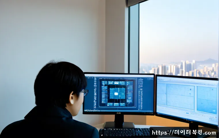 고양동 STATUS_ACCESS_VIOLATION - Photorealistic IT support workstation in a quiet Goyang-dong apartment office, dual monitors showing...