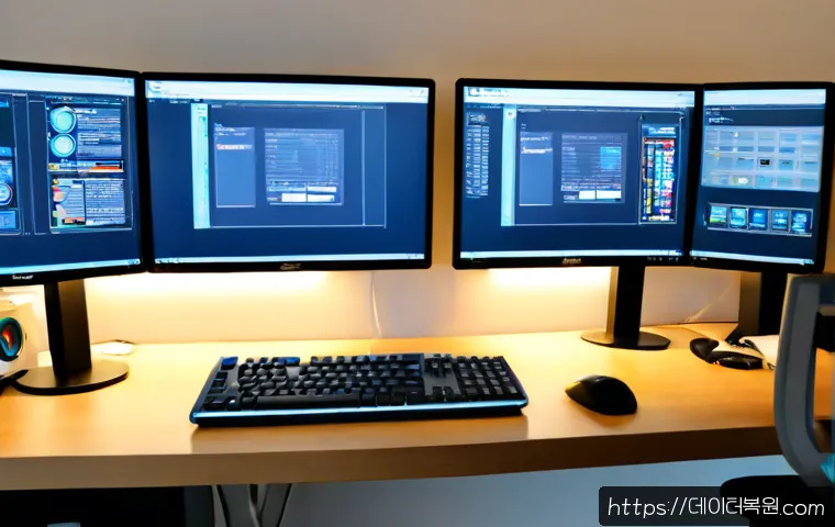 관철동 STATUS_KERNEL_MODULE_INVALID - Photorealistic IT support workstation in a compact Jongno office, dual monitors showing a clean abst...
