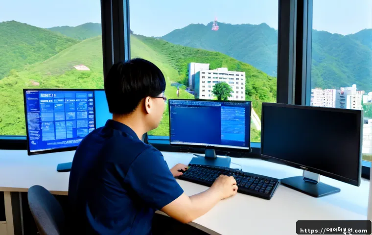 사직동 DPC_WATCHDOG_VIOLATION - Photorealistic IT support workstation in a compact Sajik-dong office, dual monitors with one showing...
