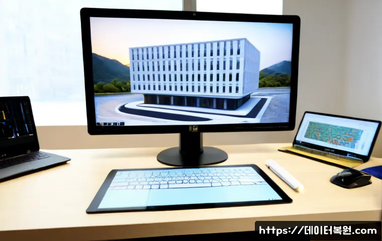 중앙동 STATUS_IMAGE_INVALID - Photorealistic architectural visualization workstation in a compact Jungang-dong office, dual monito...
