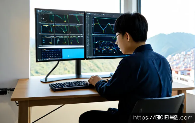 무악동 STATUS_IO_TIMEOUT - Photorealistic IT support workstation in a compact hillside apartment office, dual monitors showing ...