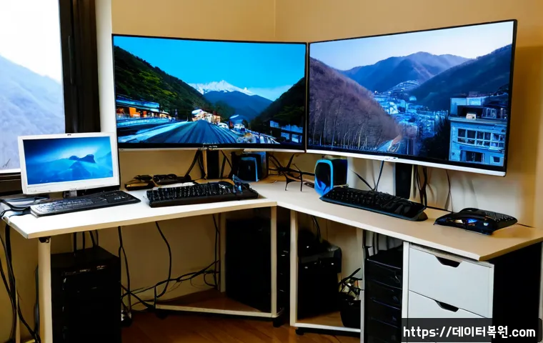 남산동 HARDWARE_FAILURE - Photorealistic remote-support workstation in a compact Namsan-dong apartment office, dual monitors s...