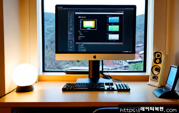 이화동 SOFTWARE_EXCEPTION - Photorealistic remote-support workstation in a compact studio near a hillside brick neighborhood, du...