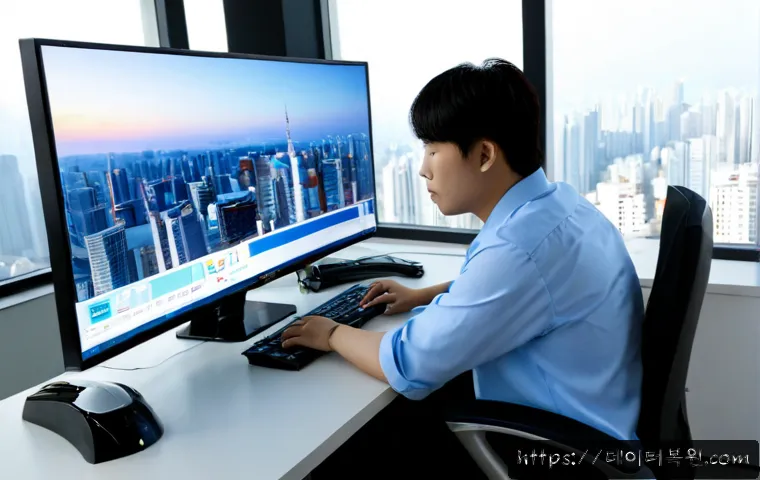 강남구 STATUS_KERNEL_POWER_FAILURE - Photorealistic IT support workstation in a sleek Gangnam office, ultrawide monitor showing a blank b...