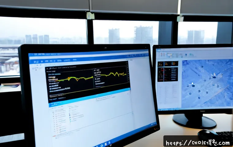 금천구 STATUS_CONTROL_C_EXIT - Photorealistic software support workstation in a modern Geumcheon digital-complex office, dual monit...