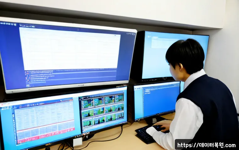 화양동 STATUS_KERNEL_MEMORY_LEAK - Photorealistic IT support workstation in a compact Hwayang-dong office, dual monitors showing a blan...