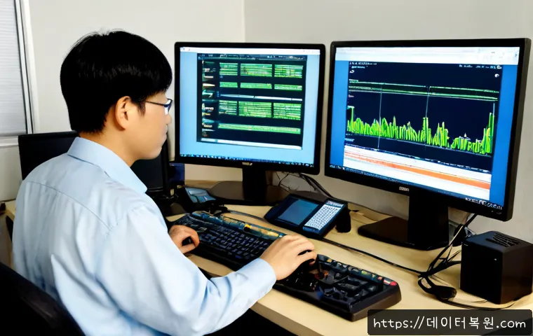 가락동 WATCHDOG_VIOLATION - Photorealistic remote IT support workstation in Garak-dong, Seoul, dual monitors showing abstract se...