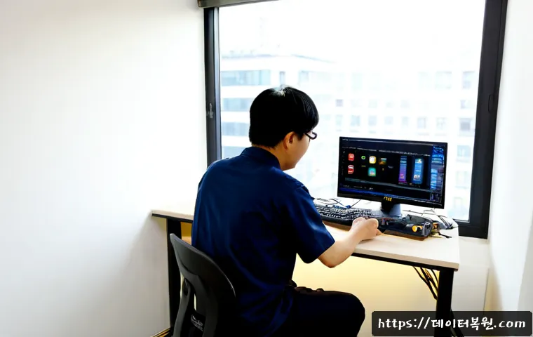 천연동 파워조립 및 교체수리 - Photorealistic computer repair bench in a compact Cheonyeon-dong office studio, technician carefully...