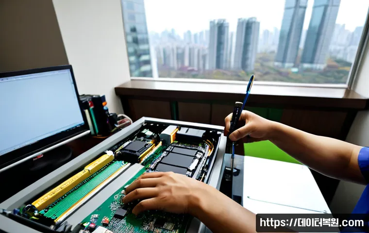 강동구 HDD조립 및 교체수리 - Photorealistic computer repair bench in a Gangdong-gu apartment office, technician carefully install...