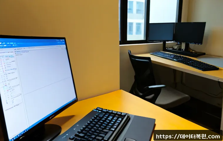 노고산동 STATUS_RESOURCE_NOT_OWNED - Photorealistic IT support workstation in Nogosan-dong, Mapo, dual monitors showing a blank architect...