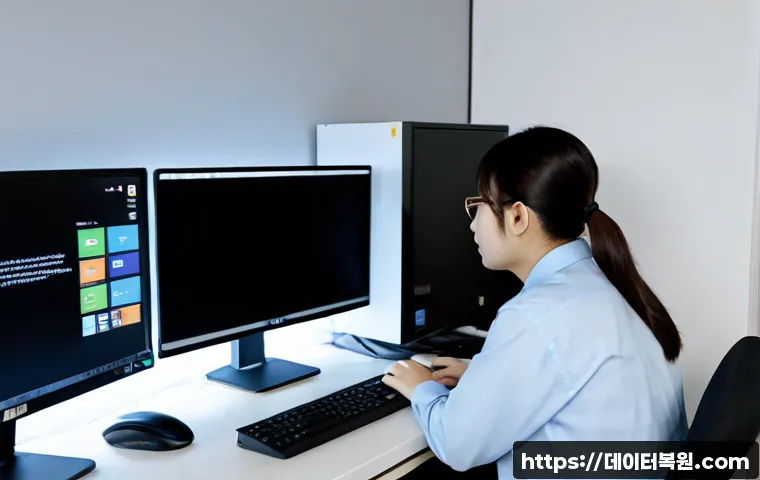 주성동 STATUS_SYSTEM_PROCESS_TERMINATED - Photorealistic IT support workstation in a quiet Juseong-dong apartment office, dual monitors showin...