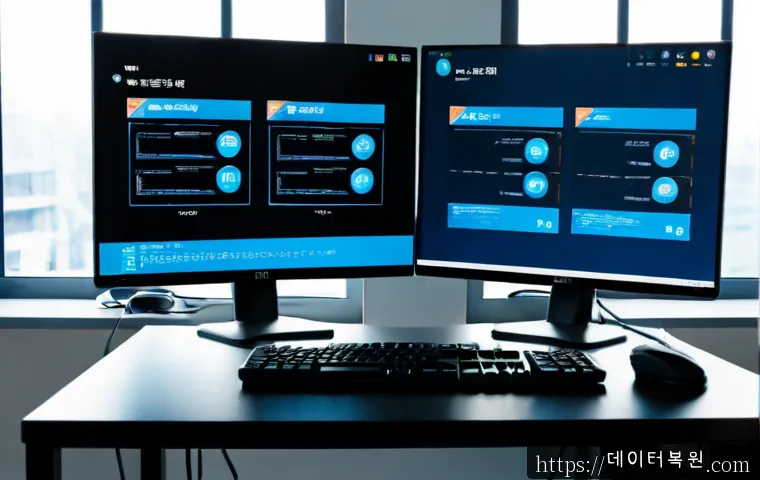 마포동 STATUS_KERNEL_DRIVER_CORRUPTION - Photorealistic IT support workstation in a modern Mapo-dong office, dual monitors showing a blank bl...