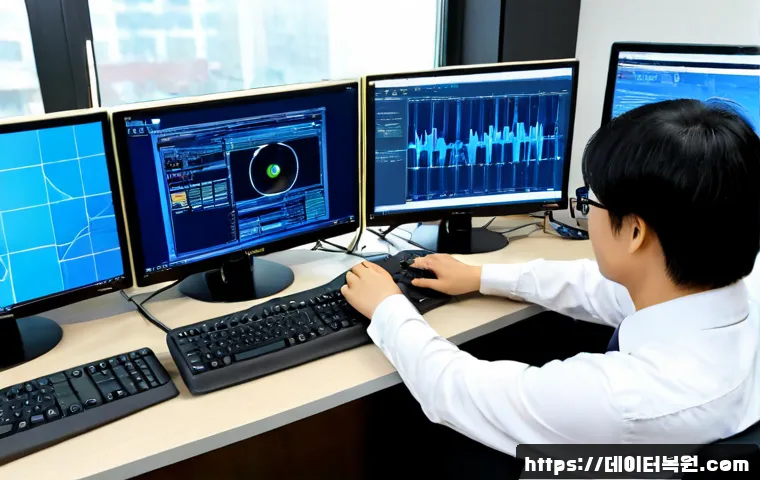 우장산 NDIS_INTERNAL_ERROR - Photorealistic IT support workstation in a quiet western Seoul office, dual monitors showing abstrac...