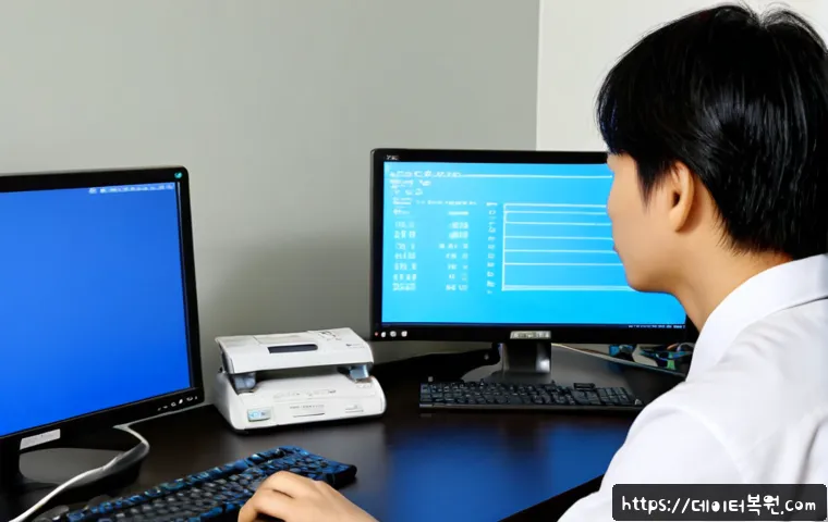 오포읍 PAGE_TABLE_CORRUPT - Photorealistic IT support workstation in a quiet Opo-eup suburban office, dual monitors showing a bl...