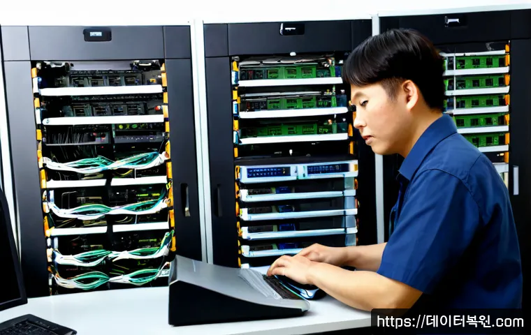 지영동 네트워크구축 설정 및 세팅오류해결 - Photorealistic IT technician configuring a compact office network rack, neatly routed Ethernet cable...