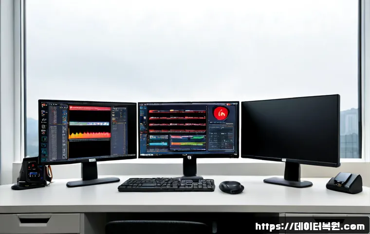 신대방 STATUS_KERNEL_MODULE_FAILURE - Photorealistic IT workstation in a compact Sindorim-style Seoul office, dual monitors showing a clea...