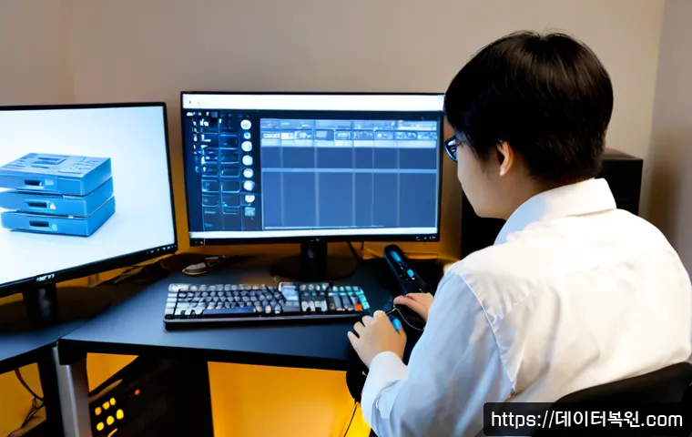수궁동 나스 nas 설정및수리 - Photorealistic remote-support technician configuring a compact multi-bay NAS beside a dual-monitor a...
