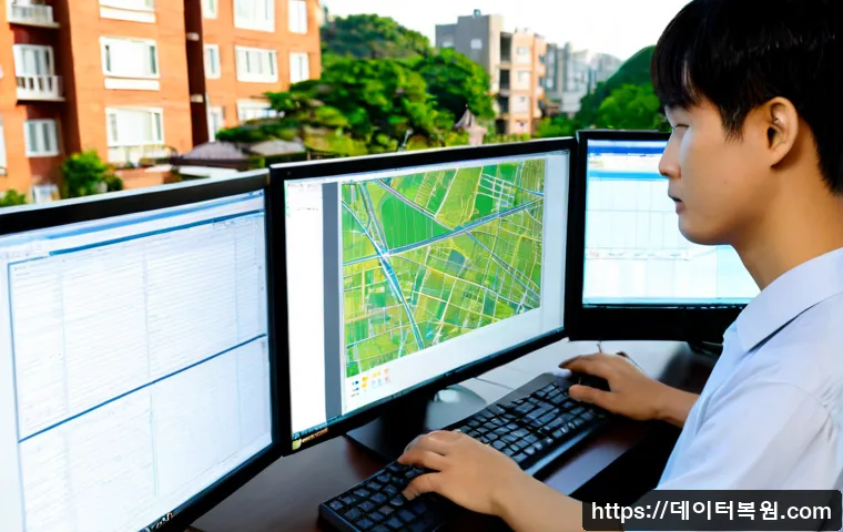 보문동 INVALID_KERNEL_HANDLE - Photorealistic IT support workstation in a compact Korean neighborhood office, dual monitors showing...