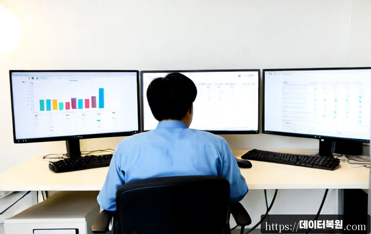 창동 STATUS_RESOURCE_NOT_OWNED - Photorealistic IT support workstation in a compact Chang-dong office, dual monitors showing abstract...