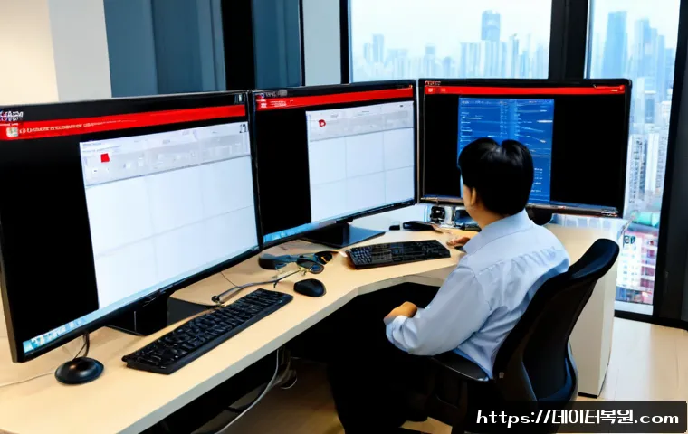 송파구 WATCHDOG_VIOLATION - Photorealistic IT support workstation in a modern Songpa office, dual monitors showing a generic sec...