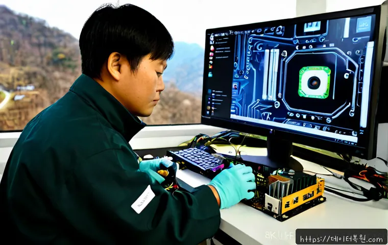 장충동 그래픽카드조립 및 교체수리 - Photorealistic electronics repair bench in a compact Jangchung-dong computer workshop, technician we...