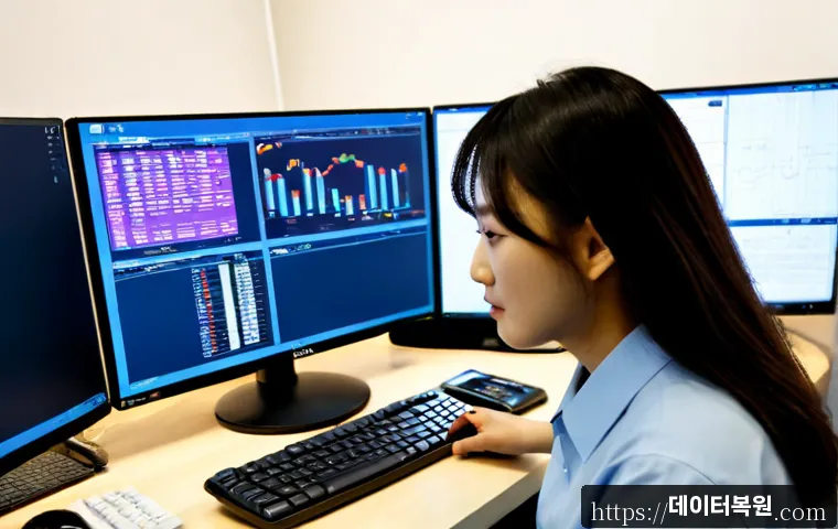 신창동 STATUS_KERNEL_LOG_FAILURE - Photorealistic remote-support workstation in a compact Korean neighborhood office, dual monitors sho...