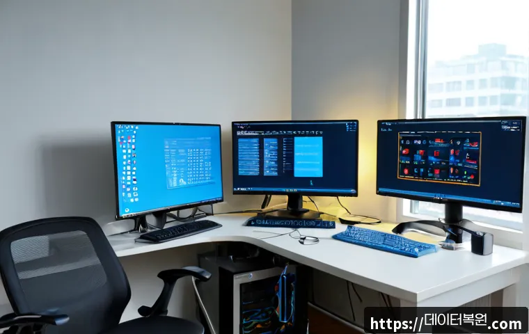본동 STATUS_KERNEL_STACK_CORRUPTION - Photorealistic IT support workstation in a compact Bong-dong apartment office, dual monitors showing...