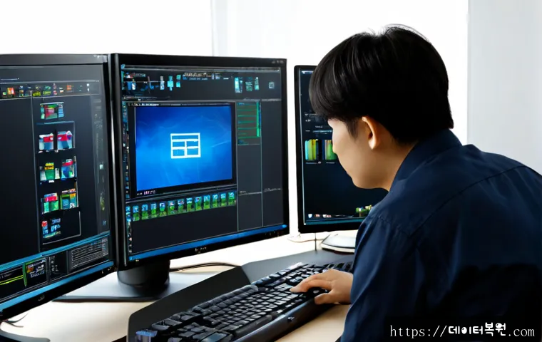 성석동 STATUS_STACK_BUFFER_OVERRUN - Photorealistic IT support workstation in a quiet suburban Korean office near low-rise warehouses, du...