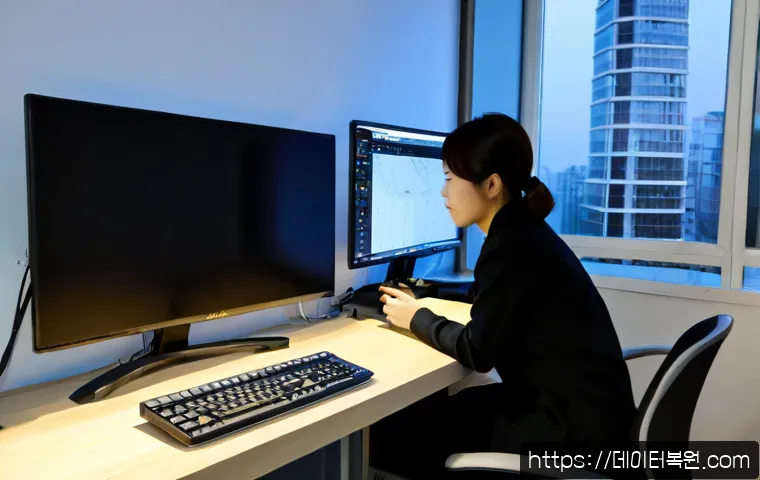 암사동 부팅불가 - Photorealistic remote-support workstation in an Amsa-dong apartment, desktop tower with a dark unres...