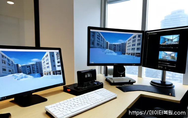 잠실동 프로그램응답없음 - Photorealistic architect’s workstation in Jamsil-dong, dual monitors showing an unresponsive 3D buil...