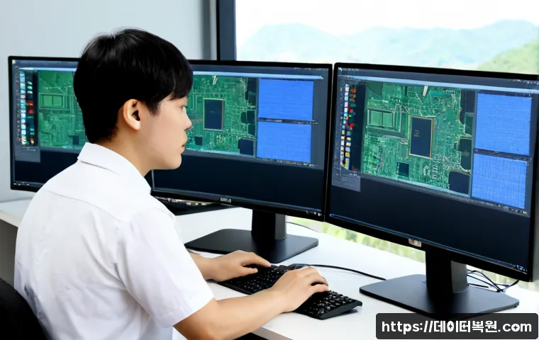 일산 STATUS_MODULE_CORRUPTION - Photorealistic IT support workstation in a modern office near Ilsan Lake Park, dual monitors showing...