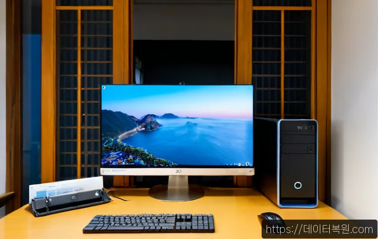 삼청동 윈도우10 windows10 재설치 포맷  초기화 - Photorealistic IT support workstation in a quiet Samcheong-dong studio apartment, a clean Windows 10...