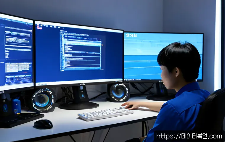율현동 DPC_WATCHDOG_VIOLATION - Photorealistic Korean design studio workstation at dusk, dual monitors with a blank cobalt-blue syst...