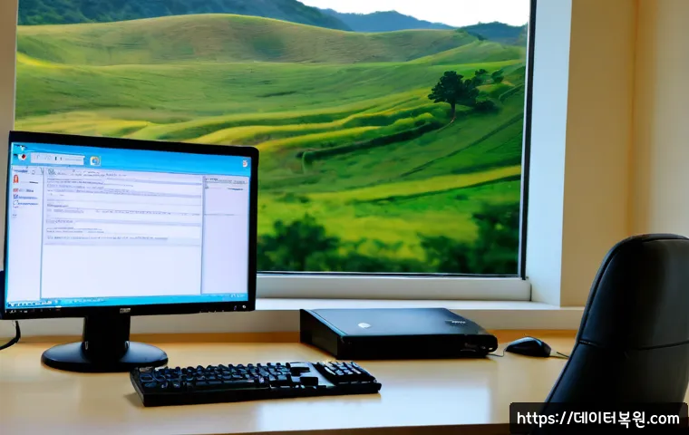 중부면 운영체제 os 재설치 포맷  초기화 - Photorealistic remote support workstation in a quiet semi-rural Korean district, desktop monitor sho...