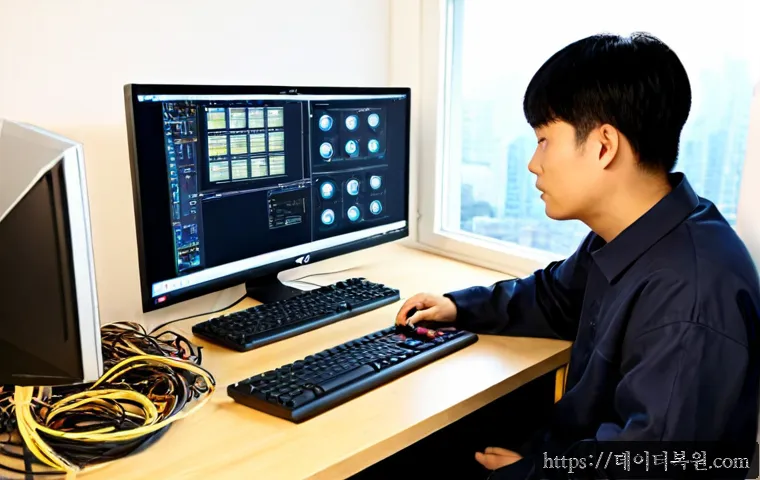 동자동 본체 꺼졌다 켜졌다 할때 - Photorealistic desktop PC repair scene in a compact Dongja-dong studio workspace, tower computer rep...