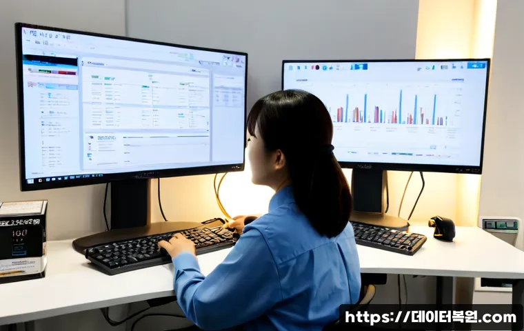 서소문동 SESSION_HAS_NO_PAGEFILE - Photorealistic IT support workstation in a modern Seosomun-dong office, dual monitors showing a clea...