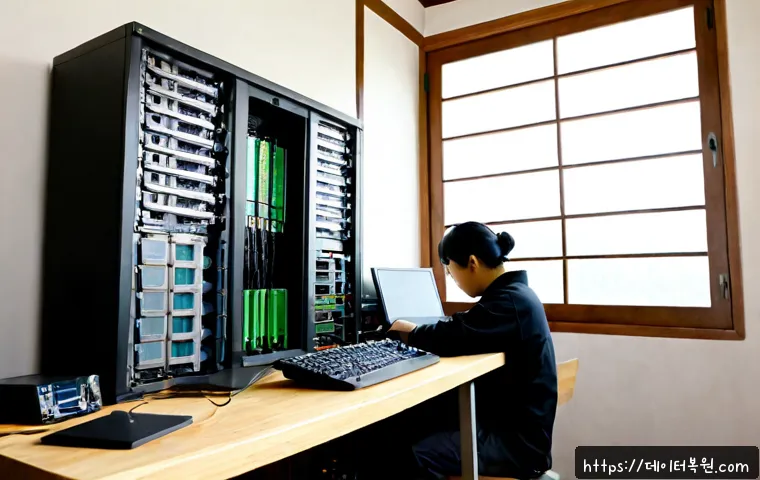 팔판동 컴퓨터 desktop 출장방문수리점 - Photorealistic onsite desktop computer repair in a refined traditional Korean courtyard home office,...