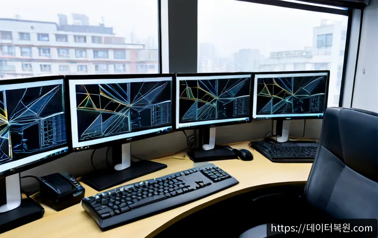 서계동 STATUS_INVALID_THREAD - Photorealistic remote-support workstation in a compact Seogye-dong creative office, dual monitors sh...