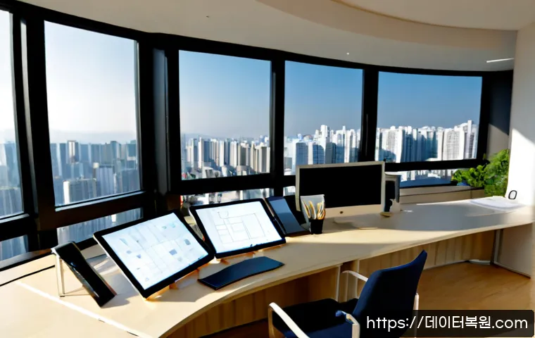 고덕동 STATUS_IMAGE_NOT_FOUND - Photorealistic architectural visualization workstation in a bright high-rise office near a quiet Kor...