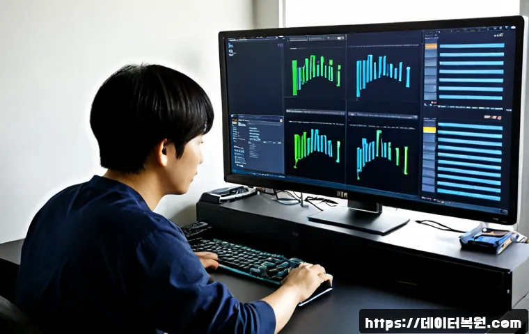 후암동 STATUS_DISK_NOT_INITIALIZED - Photorealistic IT support workstation in a quiet hillside neighborhood apartment, dual monitors show...