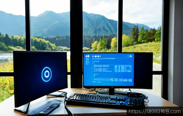 청평면 STATUS_KERNEL_EXECUTION_ERROR - Photorealistic IT support workstation in a quiet lakeside township office, dual monitors showing a g...