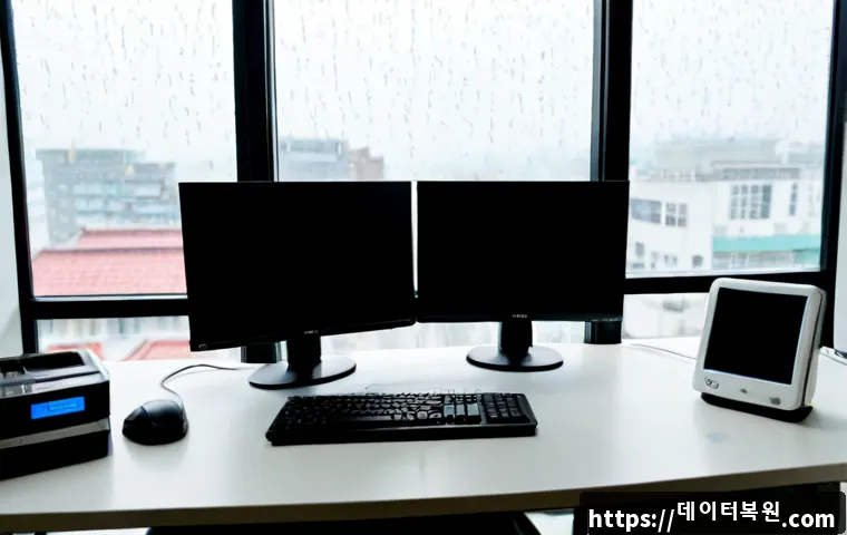 묘동 STATUS_KERNEL_CONFIGURATION_ERROR - Photorealistic IT support workstation in a compact Myo-dong office, dual monitors showing a blank co...