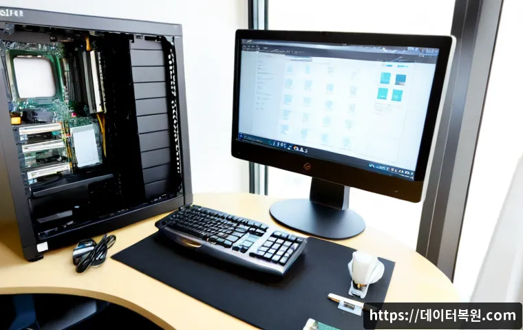 당주동 HARDWARE_FAILURE - Photorealistic IT support workstation in a compact Dangju-dong office, technician examining an open ...