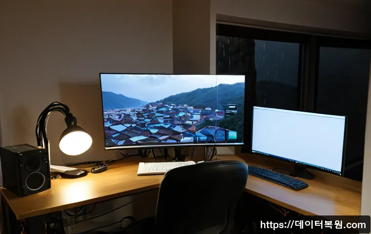 마천동 STATUS_KERNEL_DATA_CORRUPTION - Photorealistic IT support workstation in a compact Machon-dong apartment office, dual monitors showi...