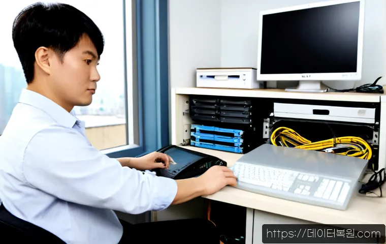 회기동 나스 nas 설정및수리 - Photorealistic NAS repair workstation in a compact Hoegi-dong apartment office, technician connectin...