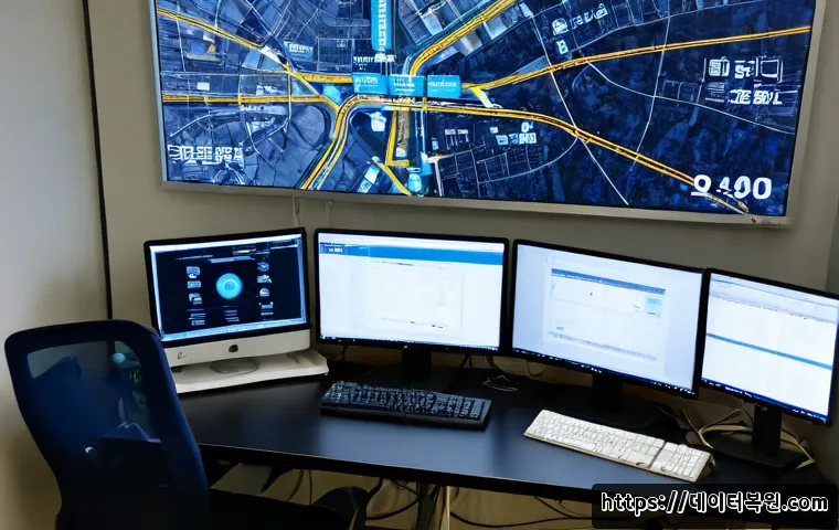 대방동 STATUS_IO_TIMEOUT - Photorealistic IT support workstation in a compact Daebang-dong office, dual monitors showing a froz...