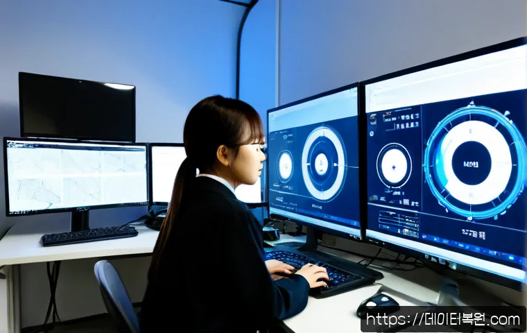 장교동 STATUS_KERNEL_CONNECTION_TIMEOUT - Photorealistic remote IT support workstation in a compact Euljiro-style office, dual monitors showin...