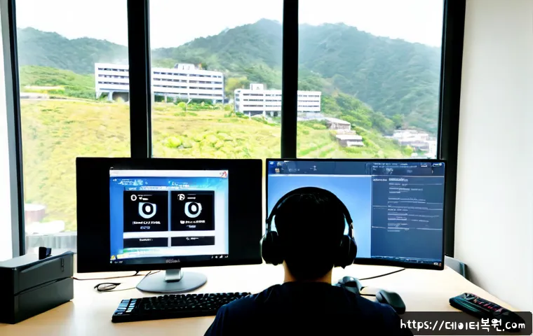 안암동 STATUS_KERNEL_ACCESS_DENIED - Photorealistic remote-support workstation in a quiet Anam-dong apartment office, dual monitors showi...
