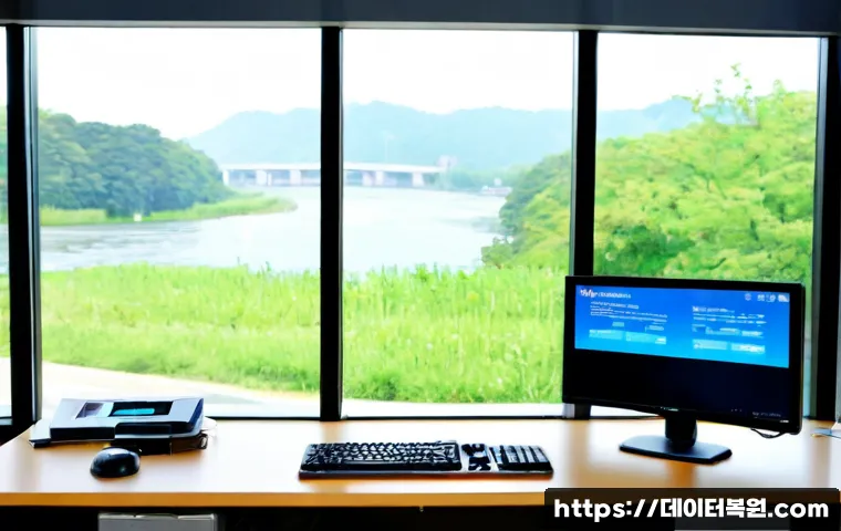 선유동 HAL_INITIALIZATION_FAILED - Photorealistic IT support workstation beside a large riverside office window, dual monitors showing ...