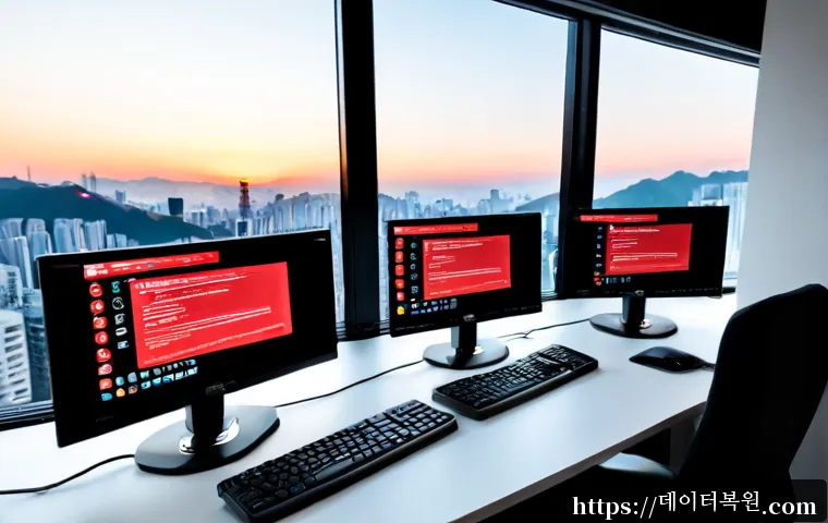 남산동 STATUS_INVALID_SESSION - Photorealistic remote-support workstation in a compact hillside office near Namsan, dual monitors sh...